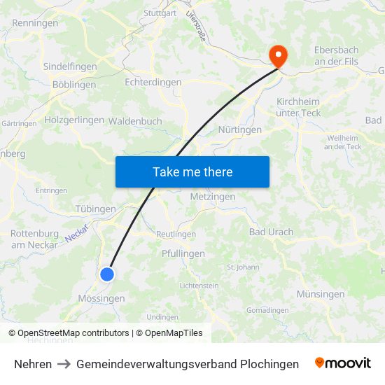 Nehren to Gemeindeverwaltungsverband Plochingen map
