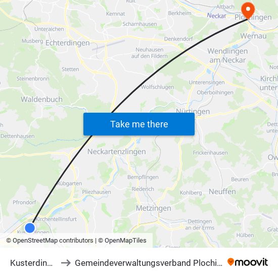 Kusterdingen to Gemeindeverwaltungsverband Plochingen map