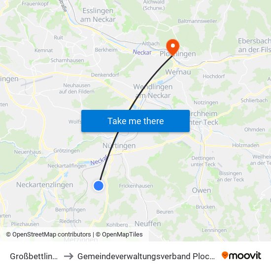 Großbettlingen to Gemeindeverwaltungsverband Plochingen map