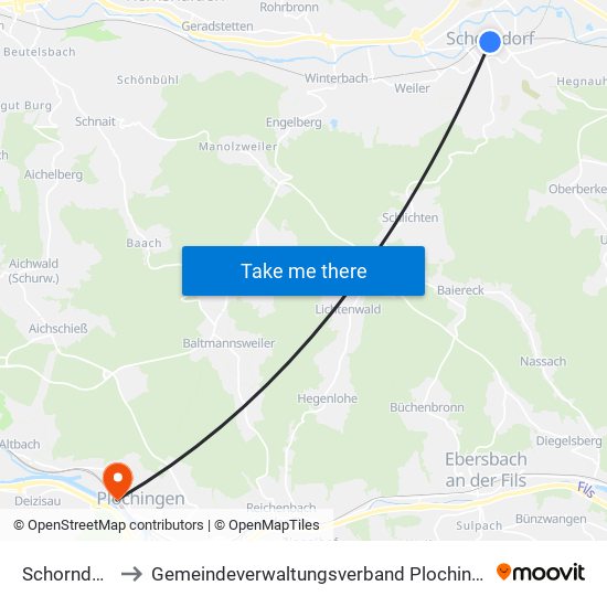 Schorndorf to Gemeindeverwaltungsverband Plochingen map