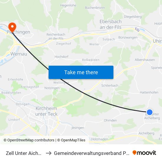 Zell Unter Aichelberg to Gemeindeverwaltungsverband Plochingen map