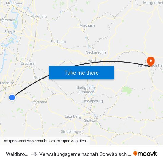 Waldbronn to Verwaltungsgemeinschaft Schwäbisch Hall map