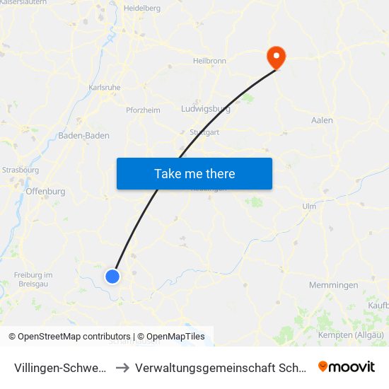 Villingen-Schwenningen to Verwaltungsgemeinschaft Schwäbisch Hall map