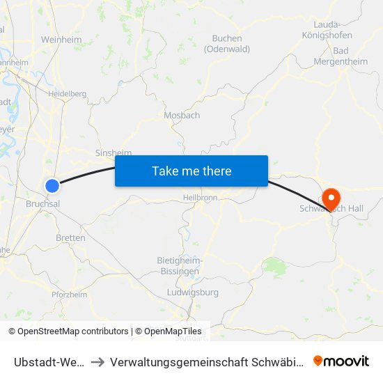 Ubstadt-Weiher to Verwaltungsgemeinschaft Schwäbisch Hall map