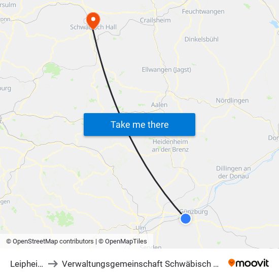 Leipheim to Verwaltungsgemeinschaft Schwäbisch Hall map