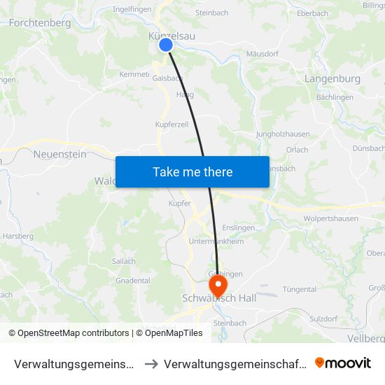 Verwaltungsgemeinschaft Künzelsau to Verwaltungsgemeinschaft Schwäbisch Hall map