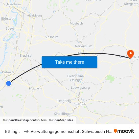 Ettlingen to Verwaltungsgemeinschaft Schwäbisch Hall map