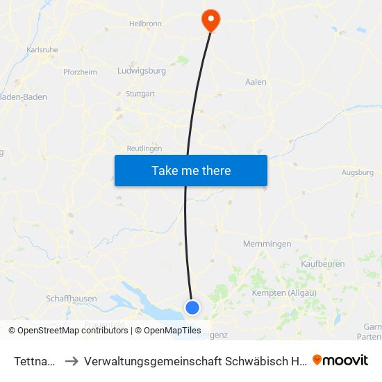 Tettnang to Verwaltungsgemeinschaft Schwäbisch Hall map