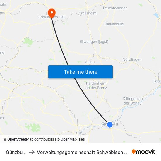 Günzburg to Verwaltungsgemeinschaft Schwäbisch Hall map