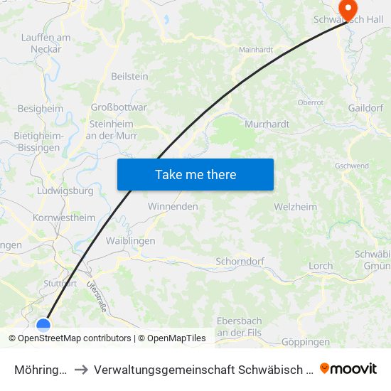 Möhringen to Verwaltungsgemeinschaft Schwäbisch Hall map