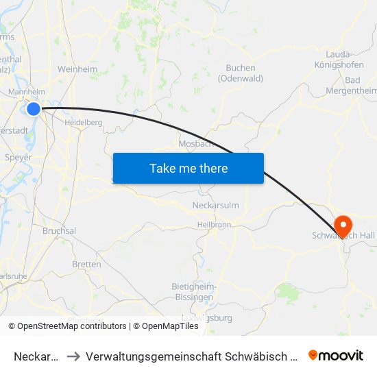 Neckarau to Verwaltungsgemeinschaft Schwäbisch Hall map