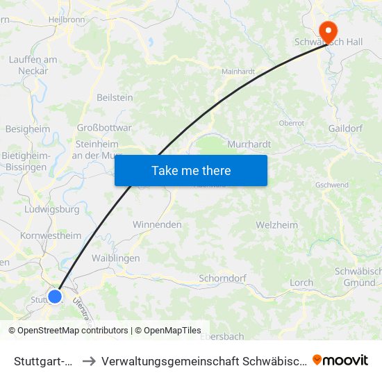 Stuttgart-Ost to Verwaltungsgemeinschaft Schwäbisch Hall map