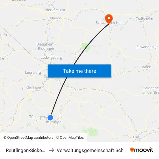Reutlingen-Sickenhausen to Verwaltungsgemeinschaft Schwäbisch Hall map