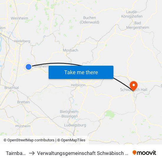 Tairnbach to Verwaltungsgemeinschaft Schwäbisch Hall map