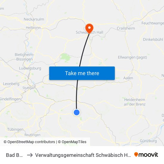 Bad Boll to Verwaltungsgemeinschaft Schwäbisch Hall map