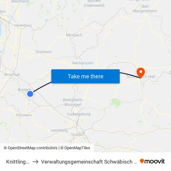 Knittlingen to Verwaltungsgemeinschaft Schwäbisch Hall map