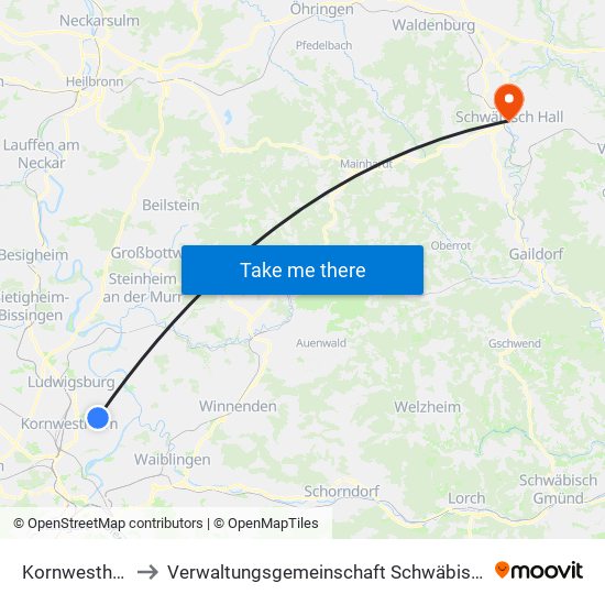 Kornwestheim to Verwaltungsgemeinschaft Schwäbisch Hall map