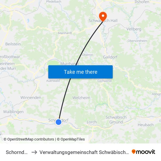 Schorndorf to Verwaltungsgemeinschaft Schwäbisch Hall map