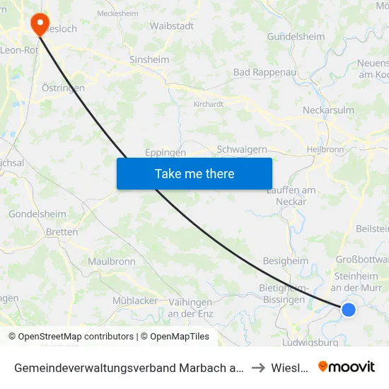Gemeindeverwaltungsverband Marbach am Neckar to Wiesloch map