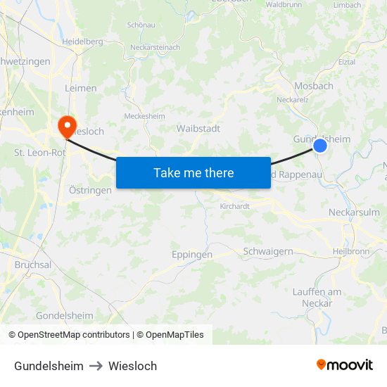 Gundelsheim to Wiesloch map