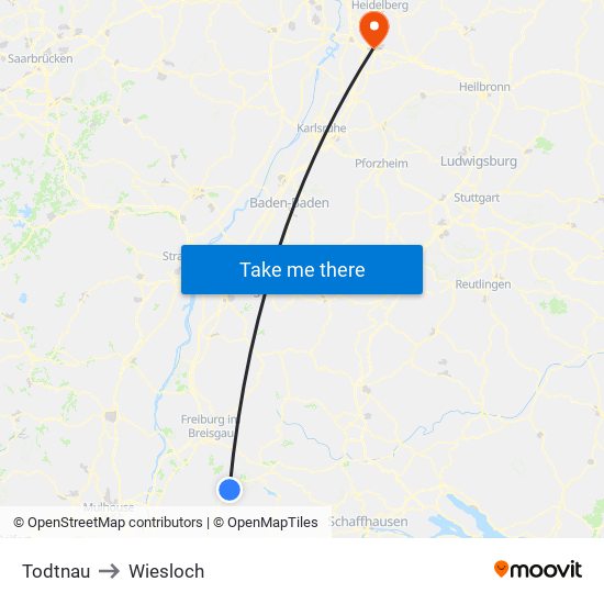 Todtnau to Wiesloch map