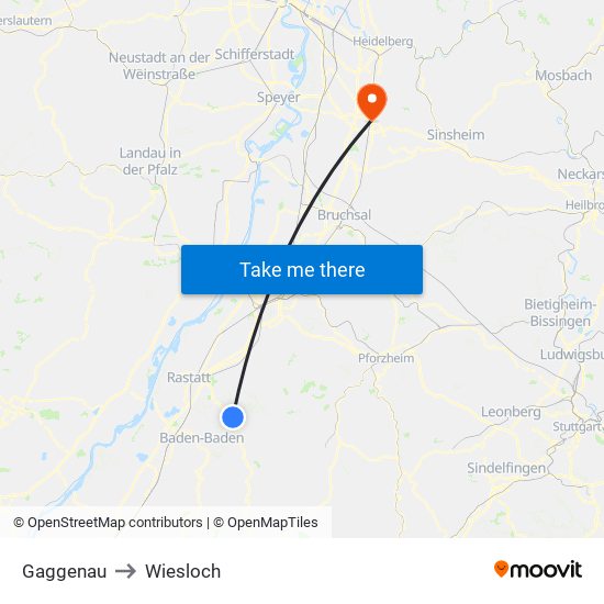 Gaggenau to Wiesloch map