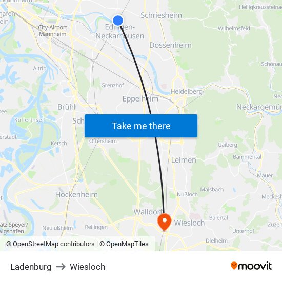 Ladenburg to Wiesloch map