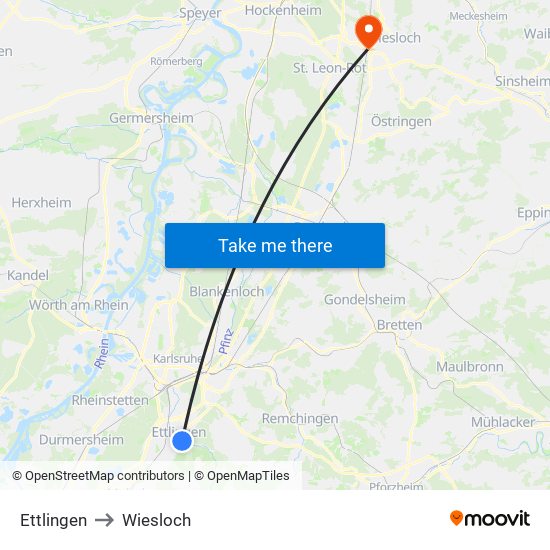 Ettlingen to Wiesloch map