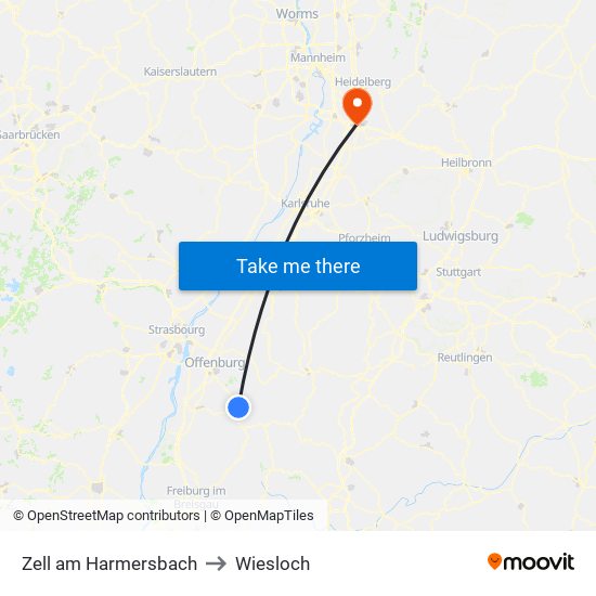 Zell am Harmersbach to Wiesloch map