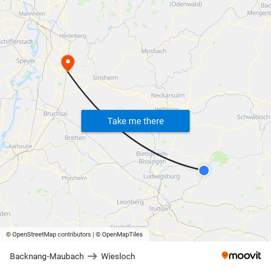 Backnang-Maubach to Wiesloch map