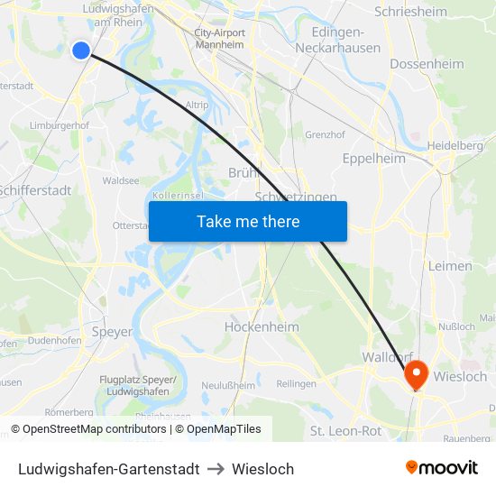 Ludwigshafen-Gartenstadt to Wiesloch map