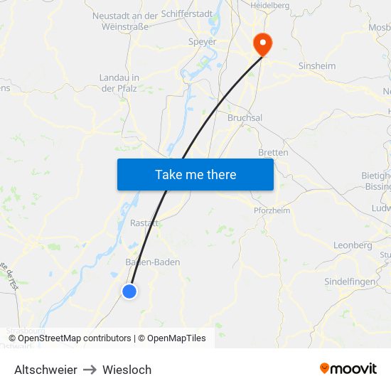 Altschweier to Wiesloch map