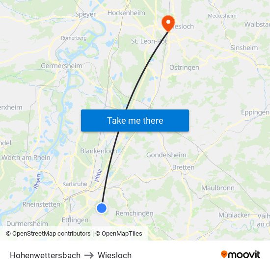 Hohenwettersbach to Wiesloch map