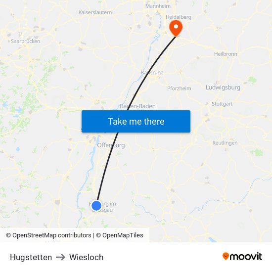 Hugstetten to Wiesloch map