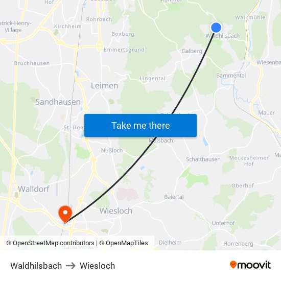 Waldhilsbach to Wiesloch map