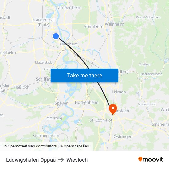 Ludwigshafen-Oppau to Wiesloch map