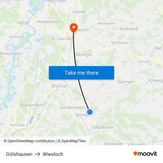 Gölshausen to Wiesloch map