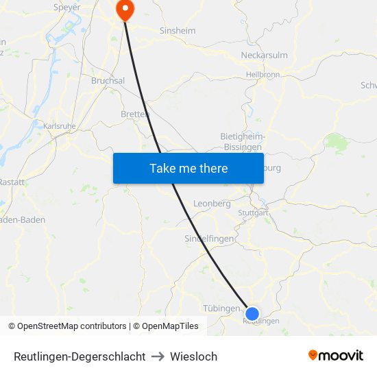 Reutlingen-Degerschlacht to Wiesloch map