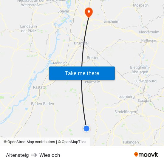 Altensteig to Wiesloch map