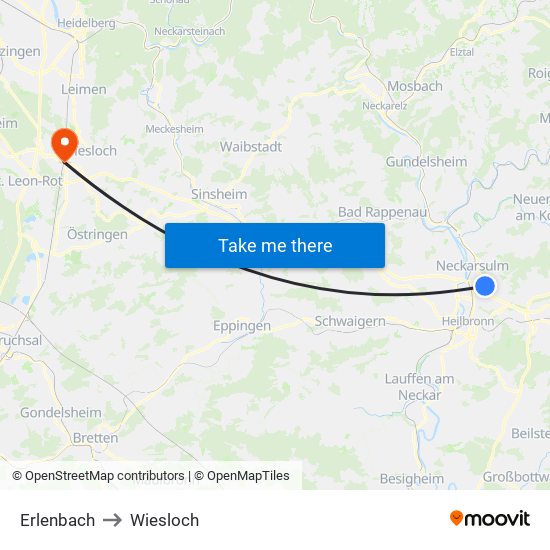 Erlenbach to Wiesloch map