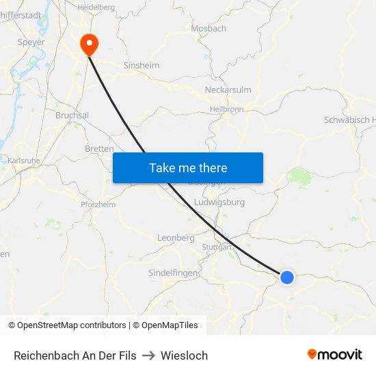 Reichenbach An Der Fils to Wiesloch map