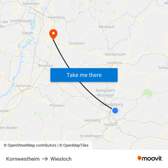 Kornwestheim to Wiesloch map