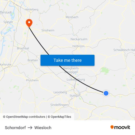 Schorndorf to Wiesloch map