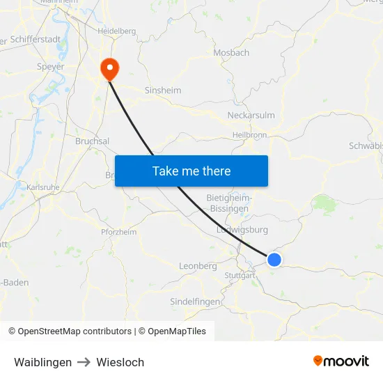 Waiblingen to Wiesloch map