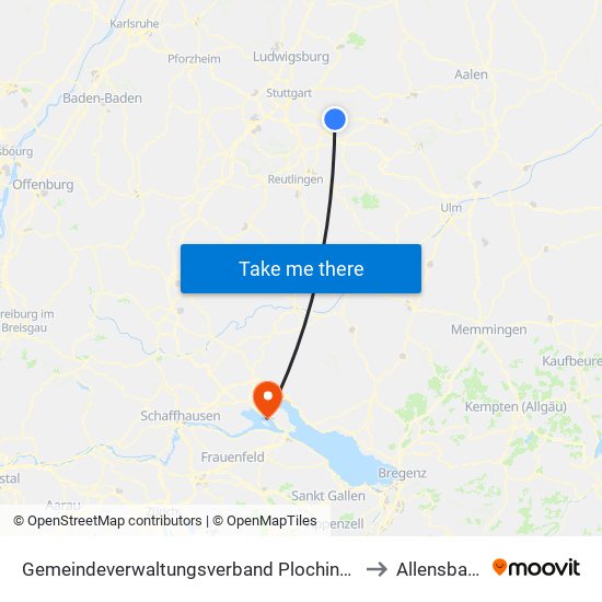 Gemeindeverwaltungsverband Plochingen to Allensbach map