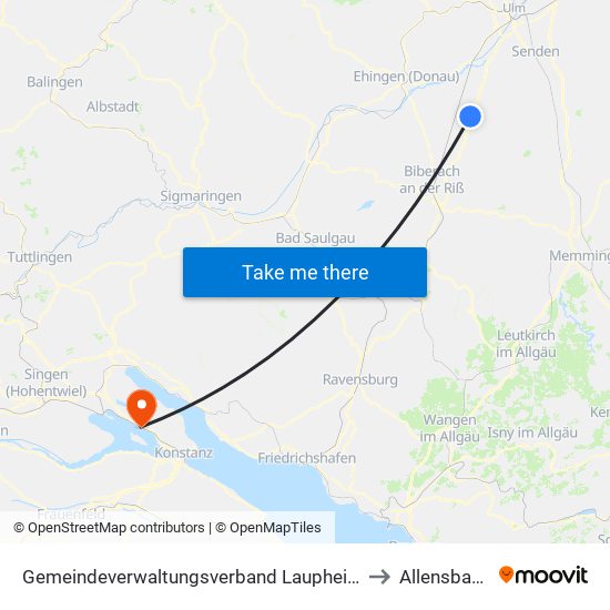 Gemeindeverwaltungsverband Laupheim to Allensbach map