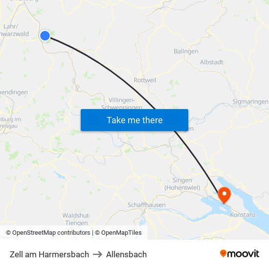 Zell am Harmersbach to Allensbach map