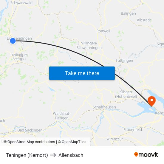 Teningen (Kernort) to Allensbach map