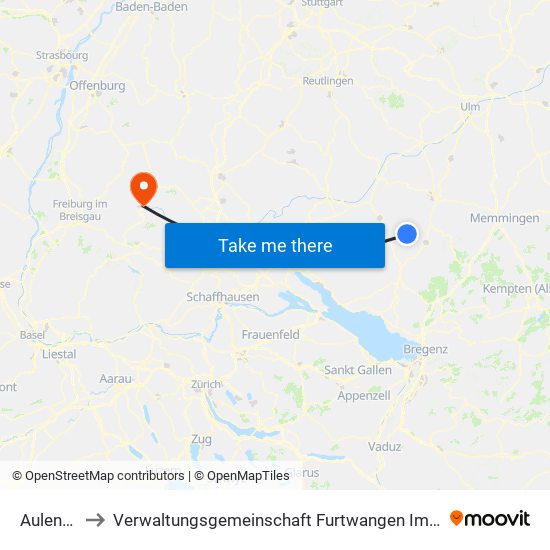 Aulendorf to Verwaltungsgemeinschaft Furtwangen Im Schwarzwald map