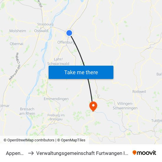 Appenweier to Verwaltungsgemeinschaft Furtwangen Im Schwarzwald map